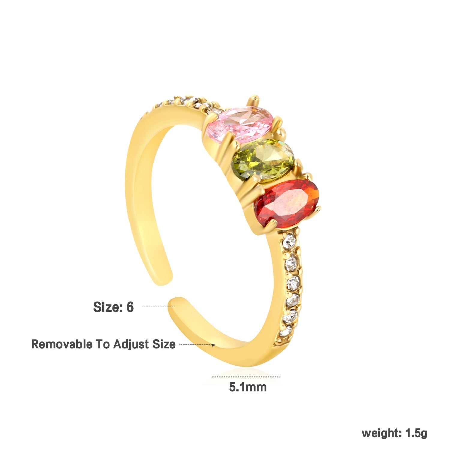 Open bandring met veelkleurige edelstenen en kubieke zirkonia
