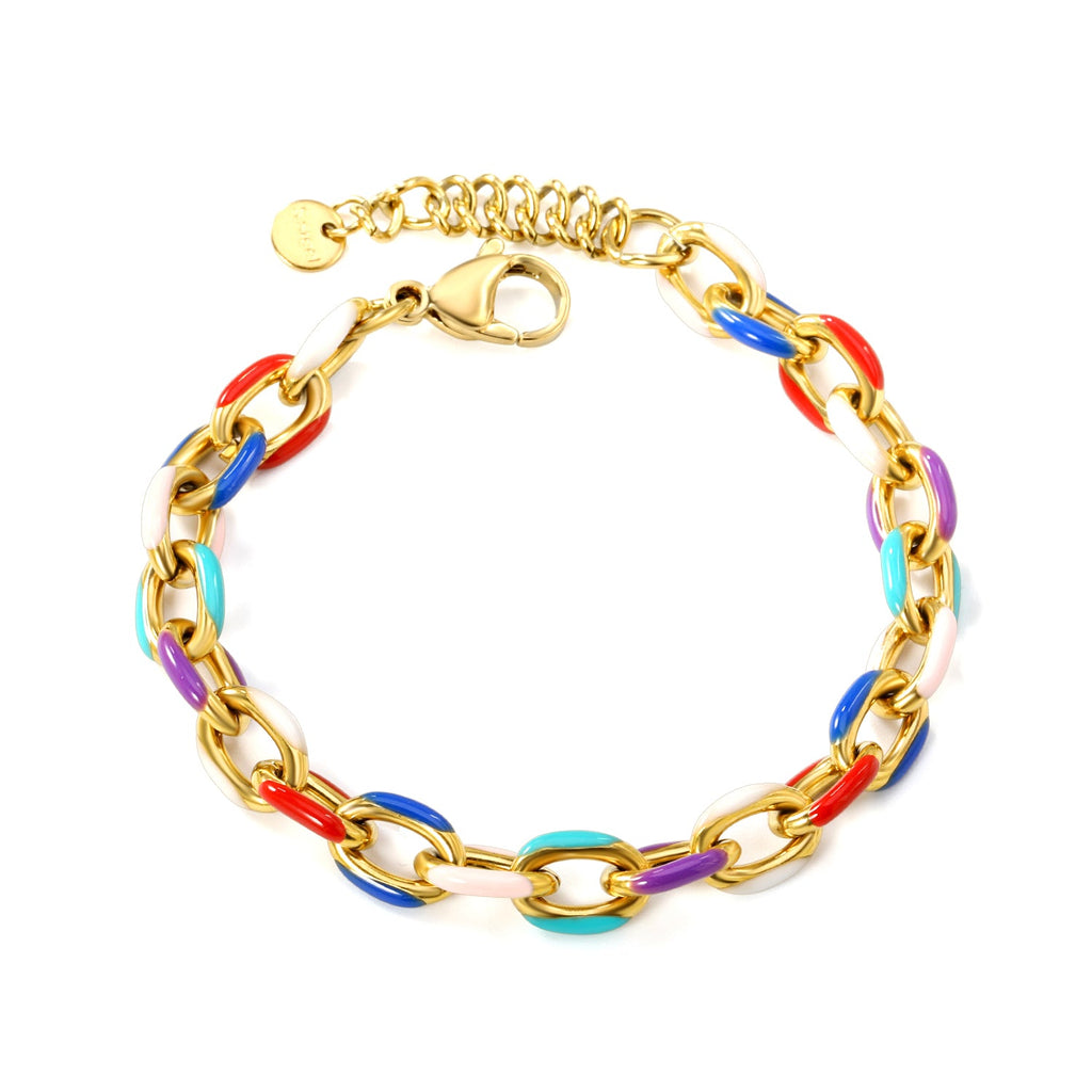 Thick Mixed Color Drops Bracelet in gold-plated stainless steel with colorful drop accessories and round tail plaque, stylish and vibrant design for women