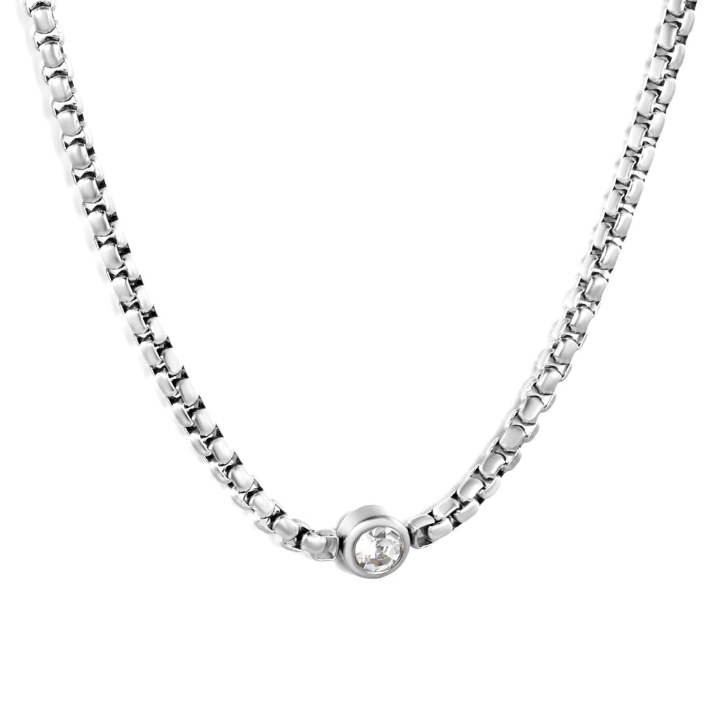 Ketting met ingelegde witte diamant – elegantie van staal en goud