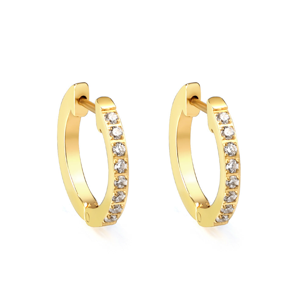 Round Diamond Stainless Steel Earrings by The JCS Jewelry — gold-tone PVD-coated hoops with diamond accents, hypoallergenic and tarnish-resistant.