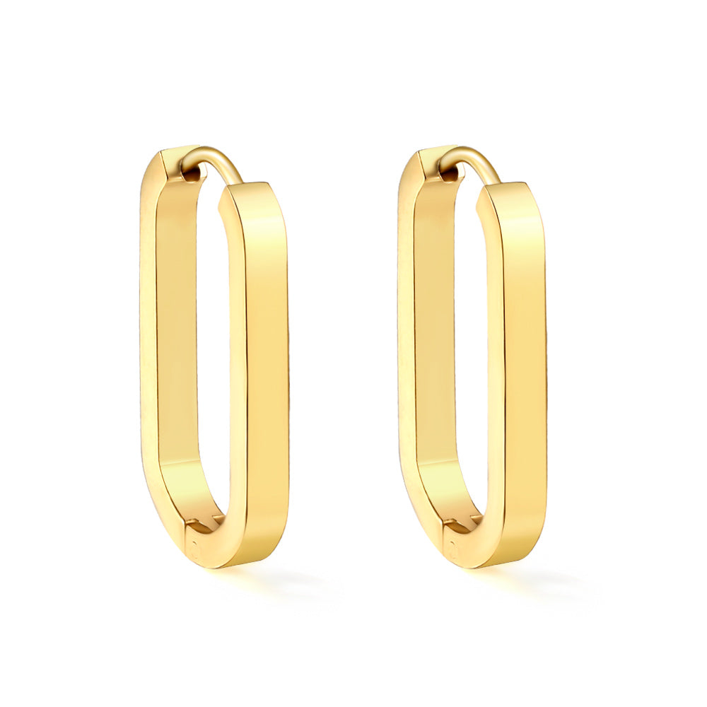 Oval Stainless Steel Ear Buckle Earrings by The JCS Jewelry — gold-tone PVD-coated oval hoops, lightweight, hypoallergenic, and tarnish-resistant.