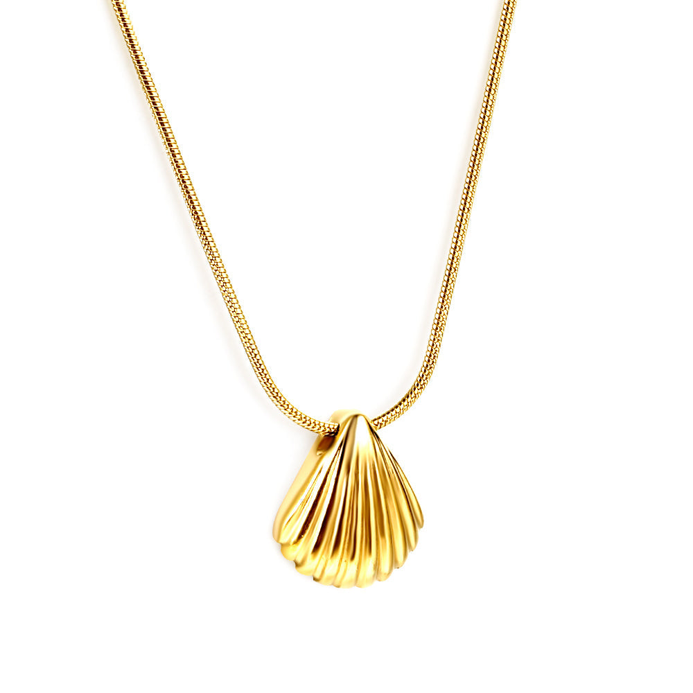Gold-tone stainless steel shell pendant necklace from JCS Jewelry – waterproof, tarnish-free, hypoallergenic.