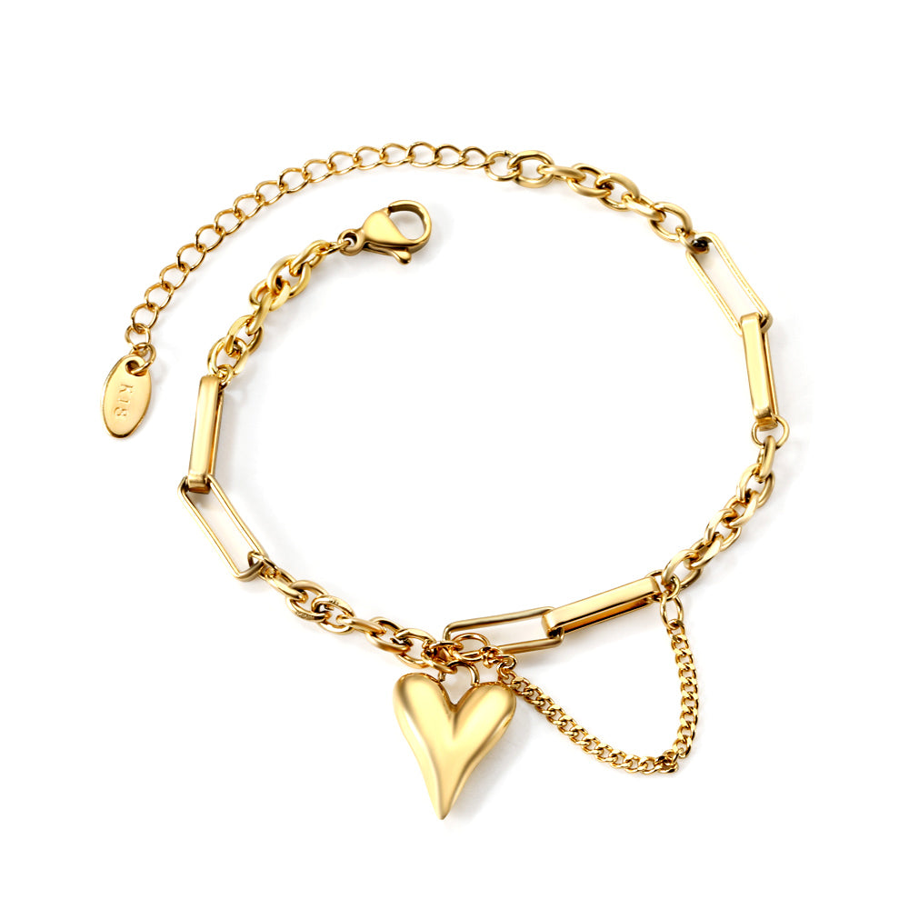 2025 New Year Long Heart Bracelet in gold or rose gold-plated stainless steel, delicate heart accessory design for women