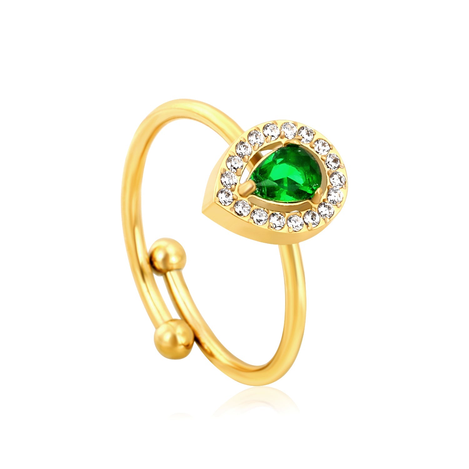Gold stainless steel emerald-cut green stone halo ring with diamond accents
