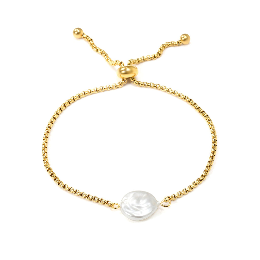 Golden 12mm White Pearl Bracelet in gold-plated stainless steel, classic round pearls design for women