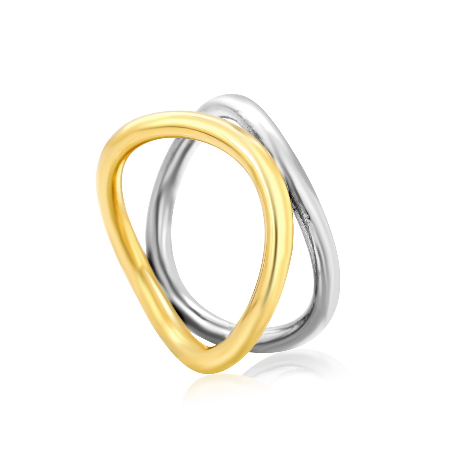 Two-Tone Curved Interlocking Ring in gold-plated stainless steel, modern and elegant design for women