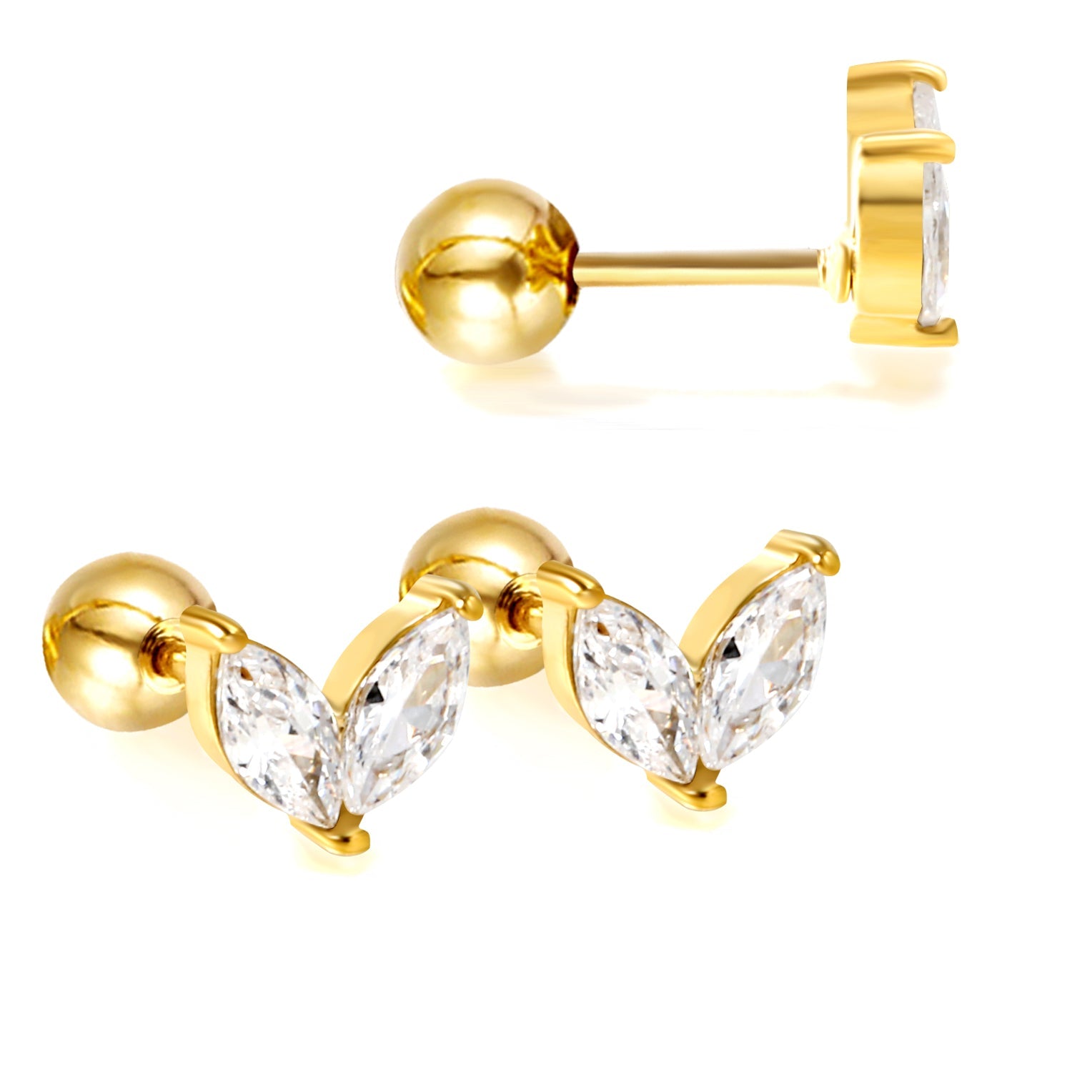 Stalen kogelschroefplug met witte zirkonia-knopoorbellen