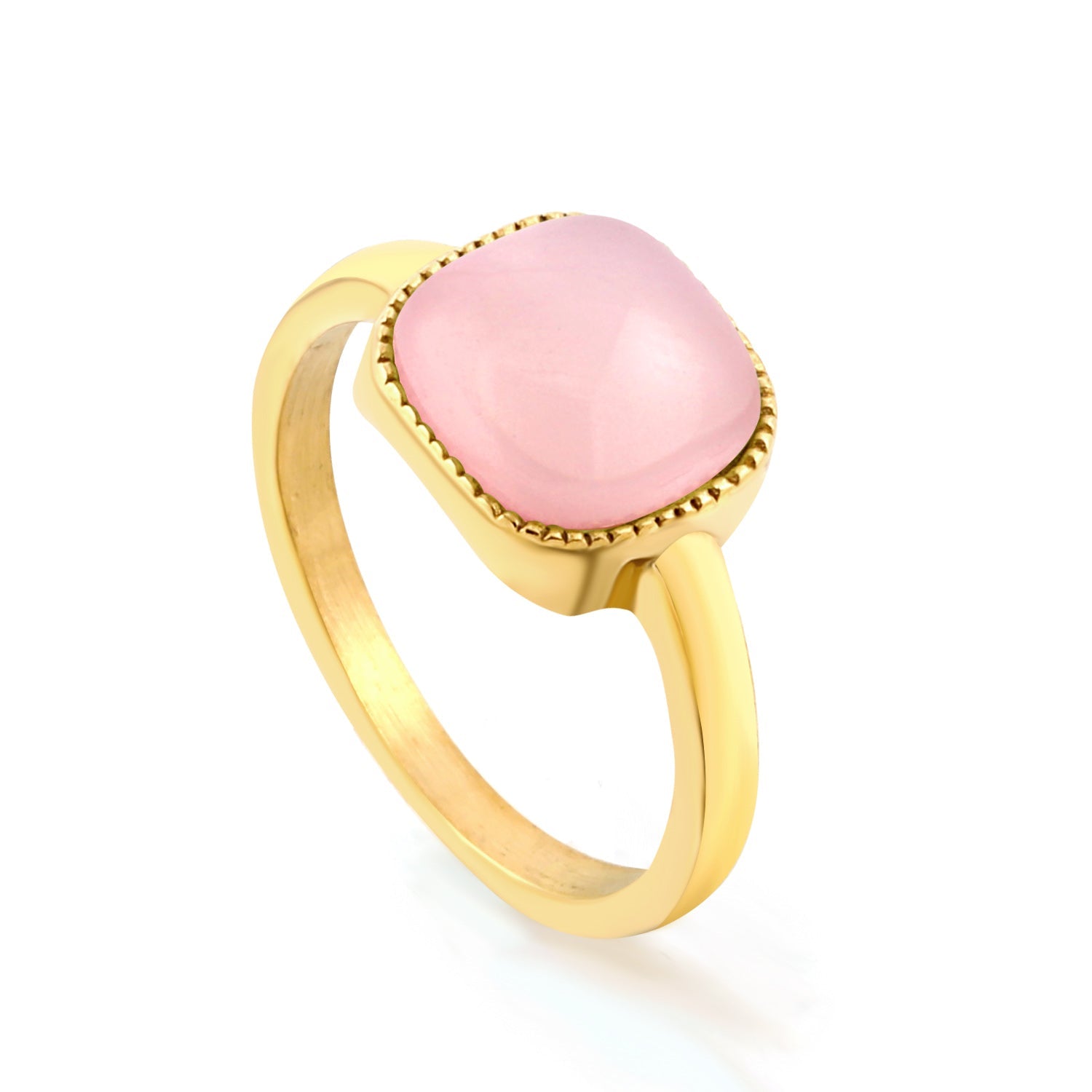 Pink Natural Stone Square Ring in gold-plated stainless steel, modern and elegant design for women