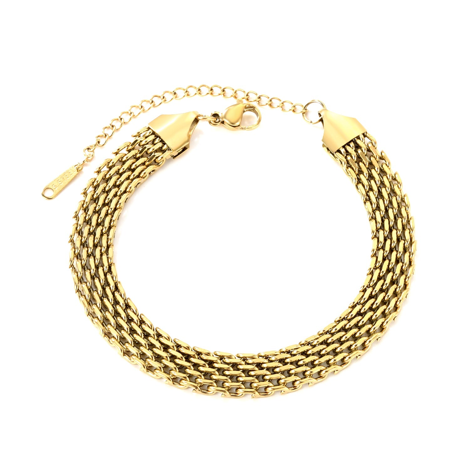 Woven Mesh Bracelet in gold-plated stainless steel with 6mm round tail tag, adjustable and modern design for men and women