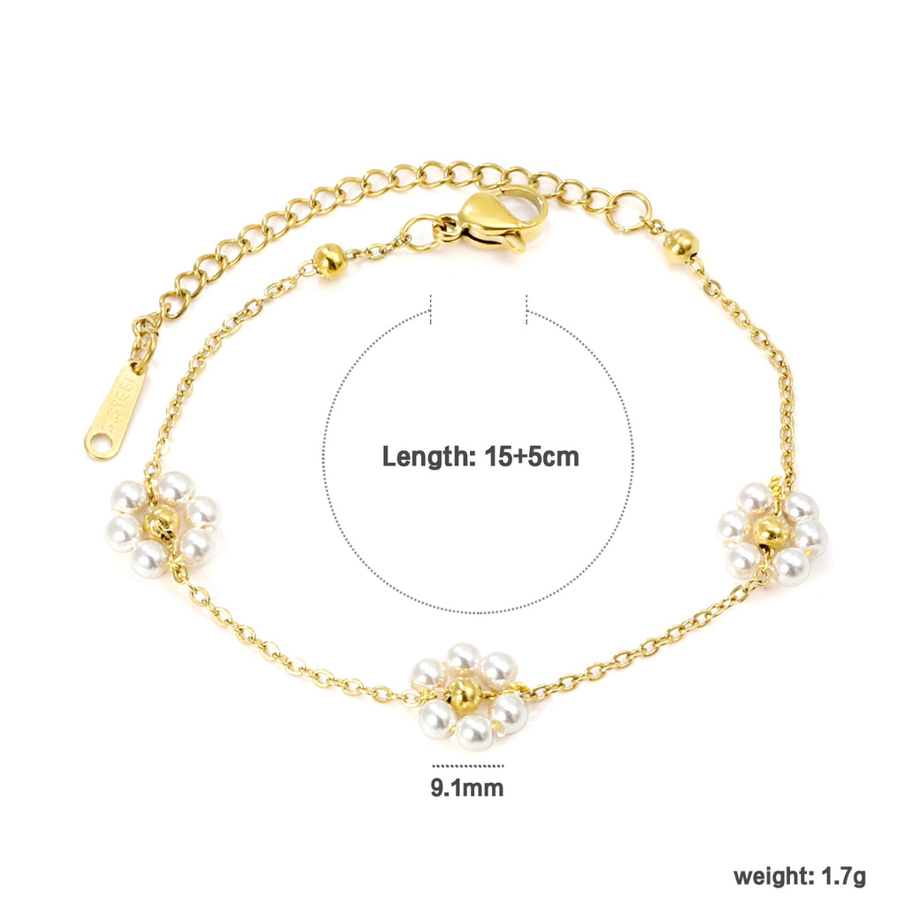 Bracelet Fleur Acier et Perle Blanche