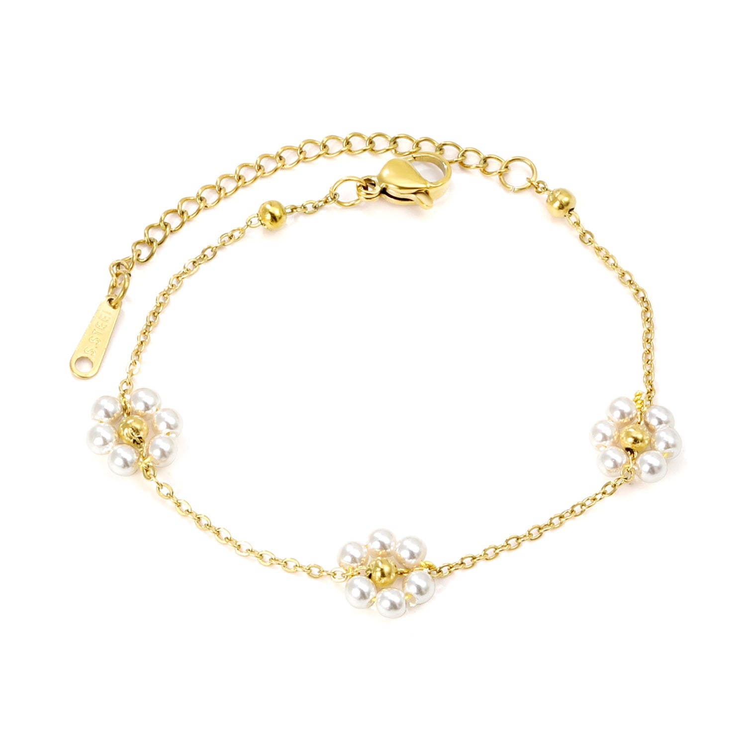Steel & White Pearl Flower Bracelet in gold-plated stainless steel, delicate and elegant design for women