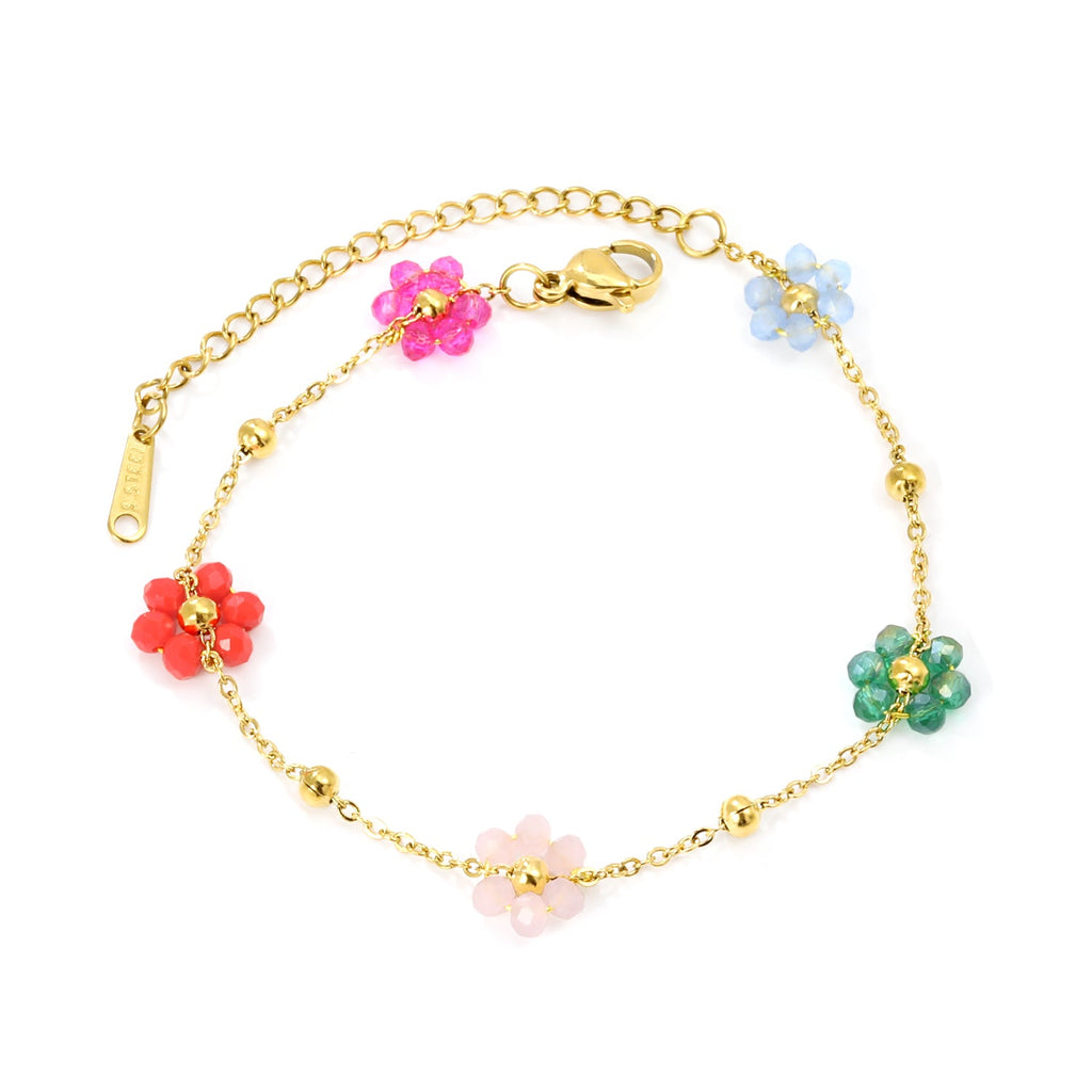 Steel & Flower Mixed Color Beads Bracelet in gold-plated stainless steel, elegant and playful design for women