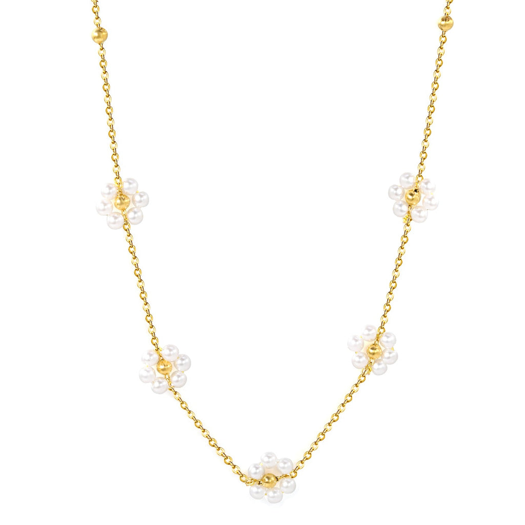 Ketting met stalen kralen en parelbloemhanger