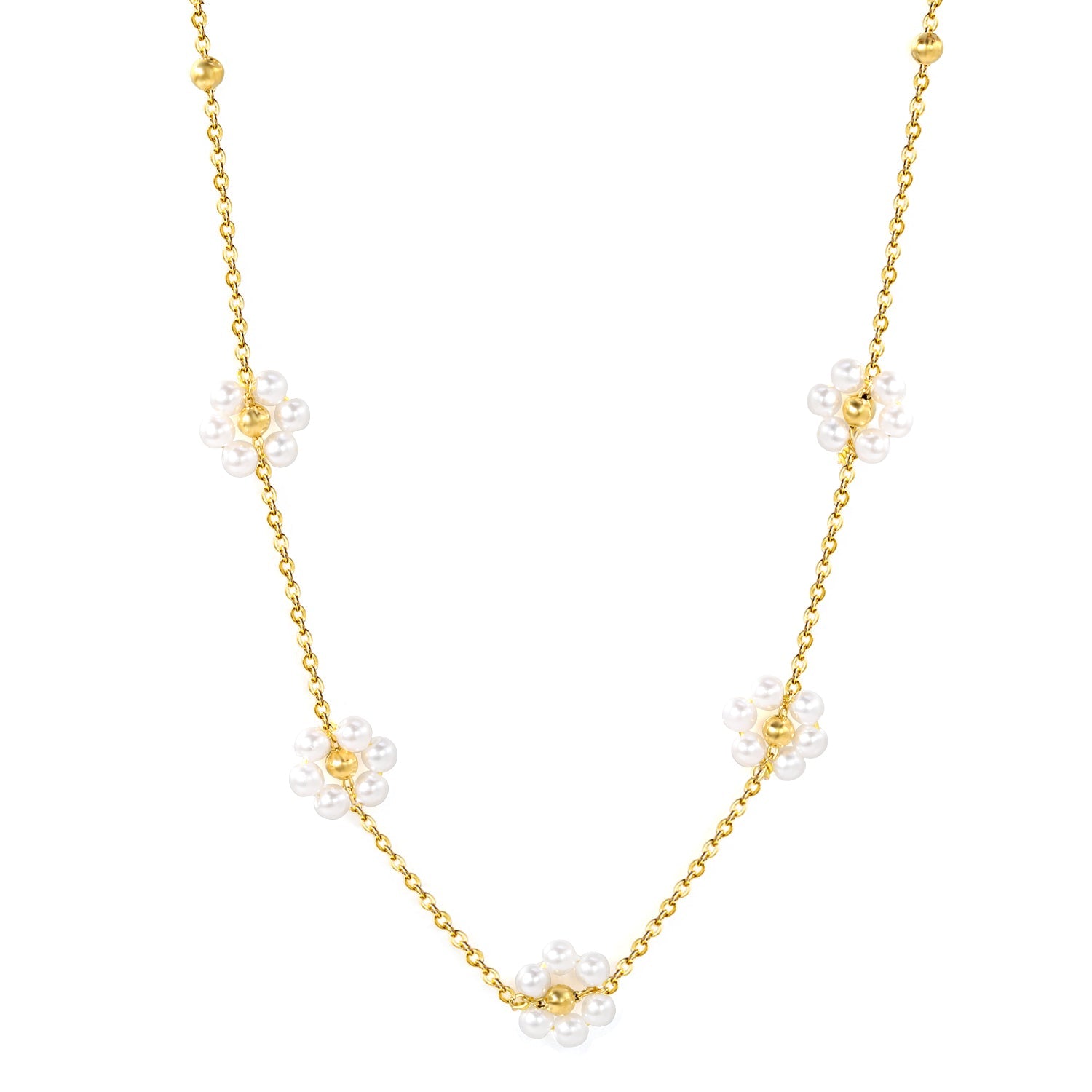 Ketting met stalen kralen en parelbloemhanger