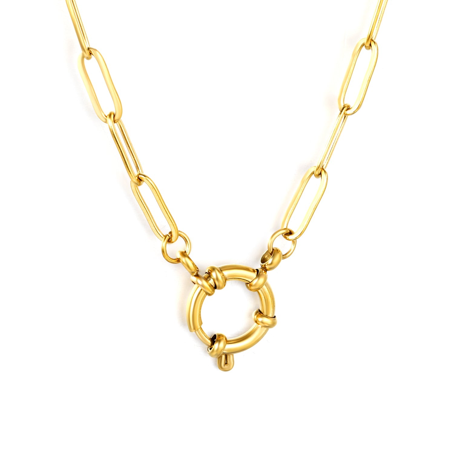 Modern gold cross necklace on stainless steel chain