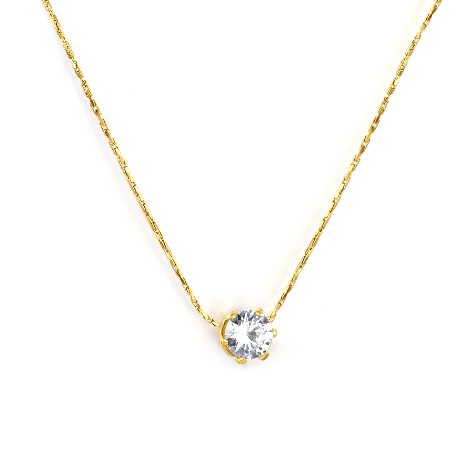 Six-prong white diamond pendant necklace on gold and steel chain — minimalist stainless steel jewelry by JSC Jewelry.