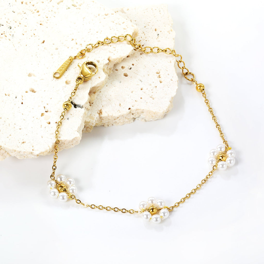 Bracelet Fleur Acier et Perle Blanche