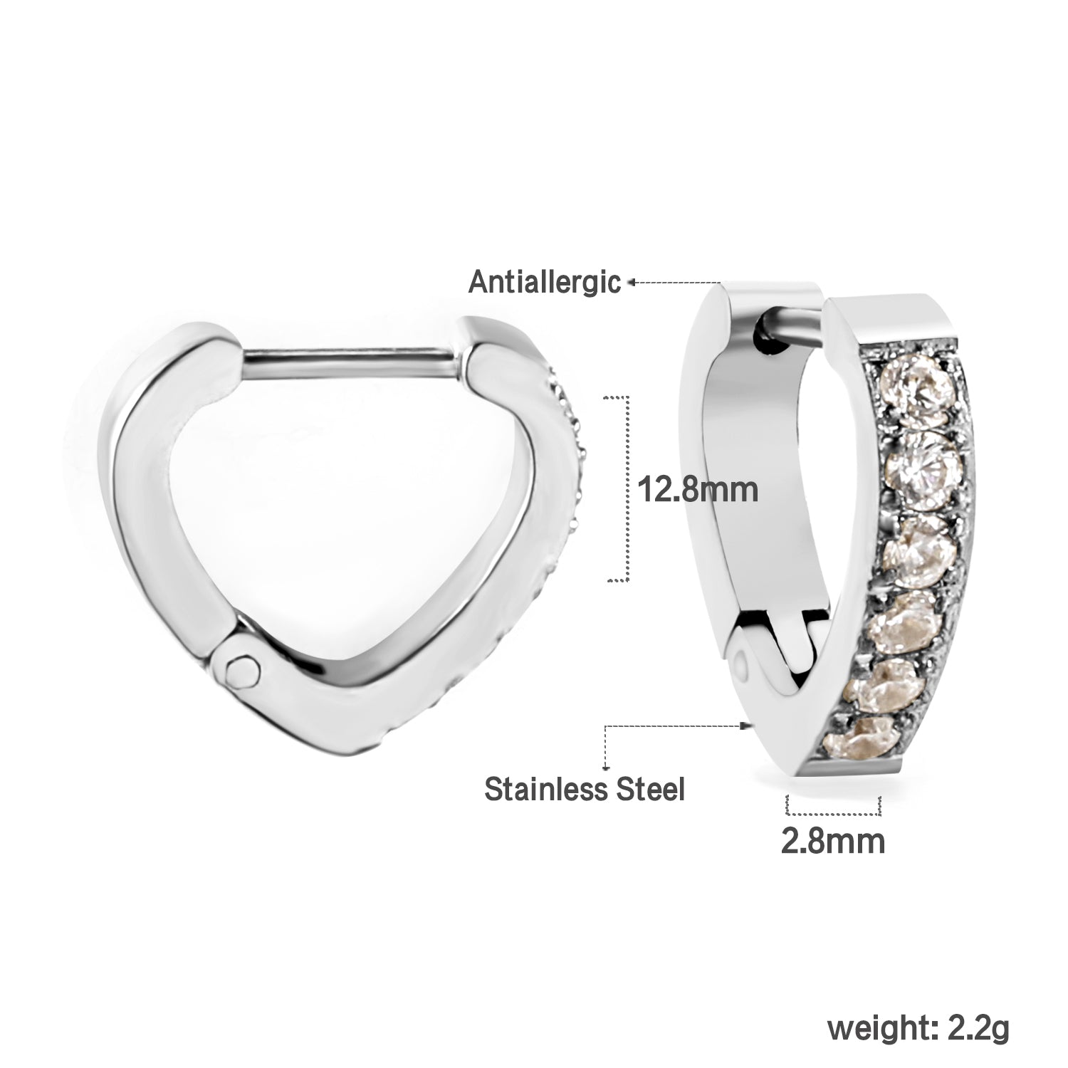 Hartvormige cirkelvormige oorclips met diamanten