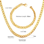 Gold-tone stainless steel Cuban chain necklace and bracelet set — unisex waterproof jewelry by JSC Jewelry.