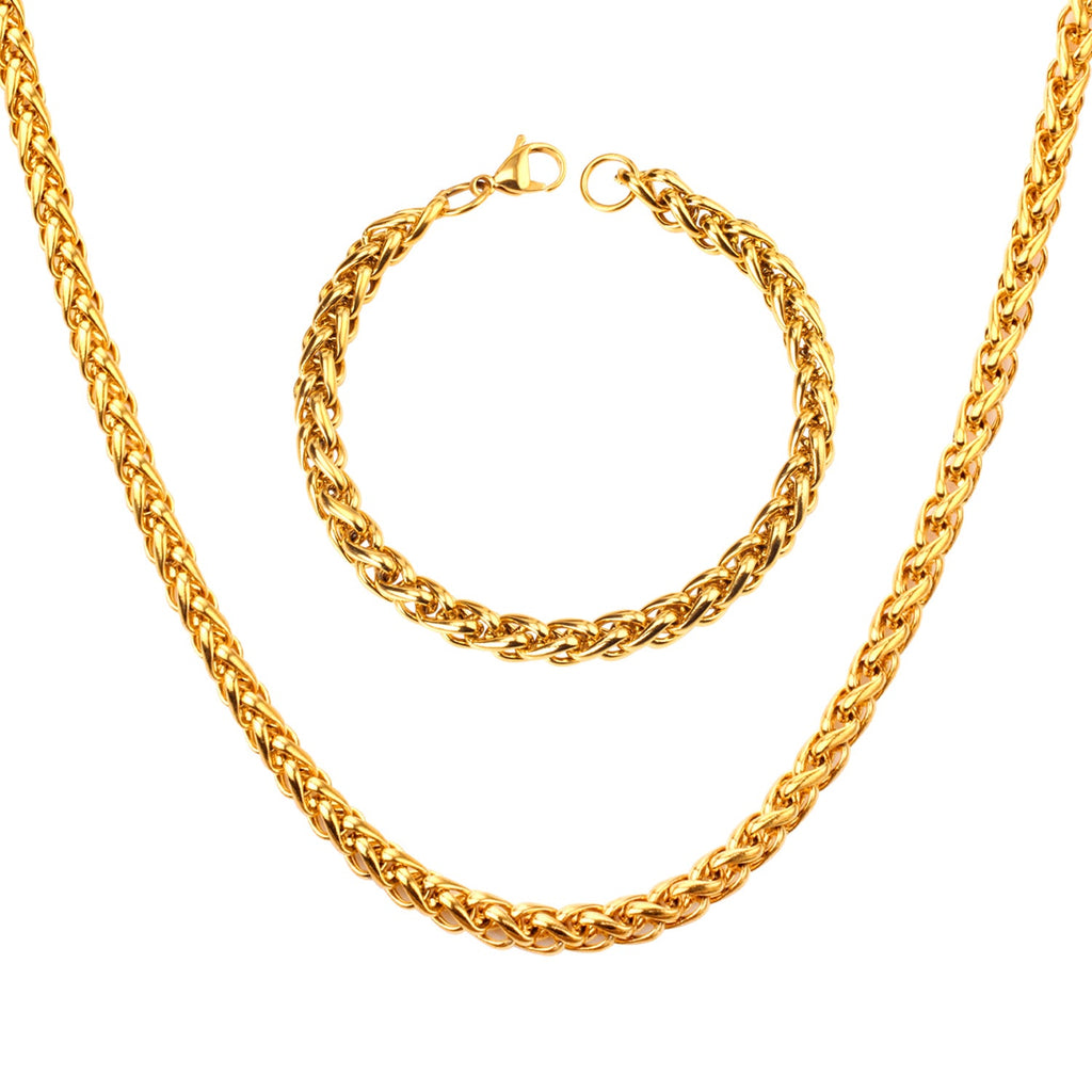 7mm Cuban link necklace and bracelet set in gold-tone stainless steel – unisex modern jewelry by JSC Jewelry.