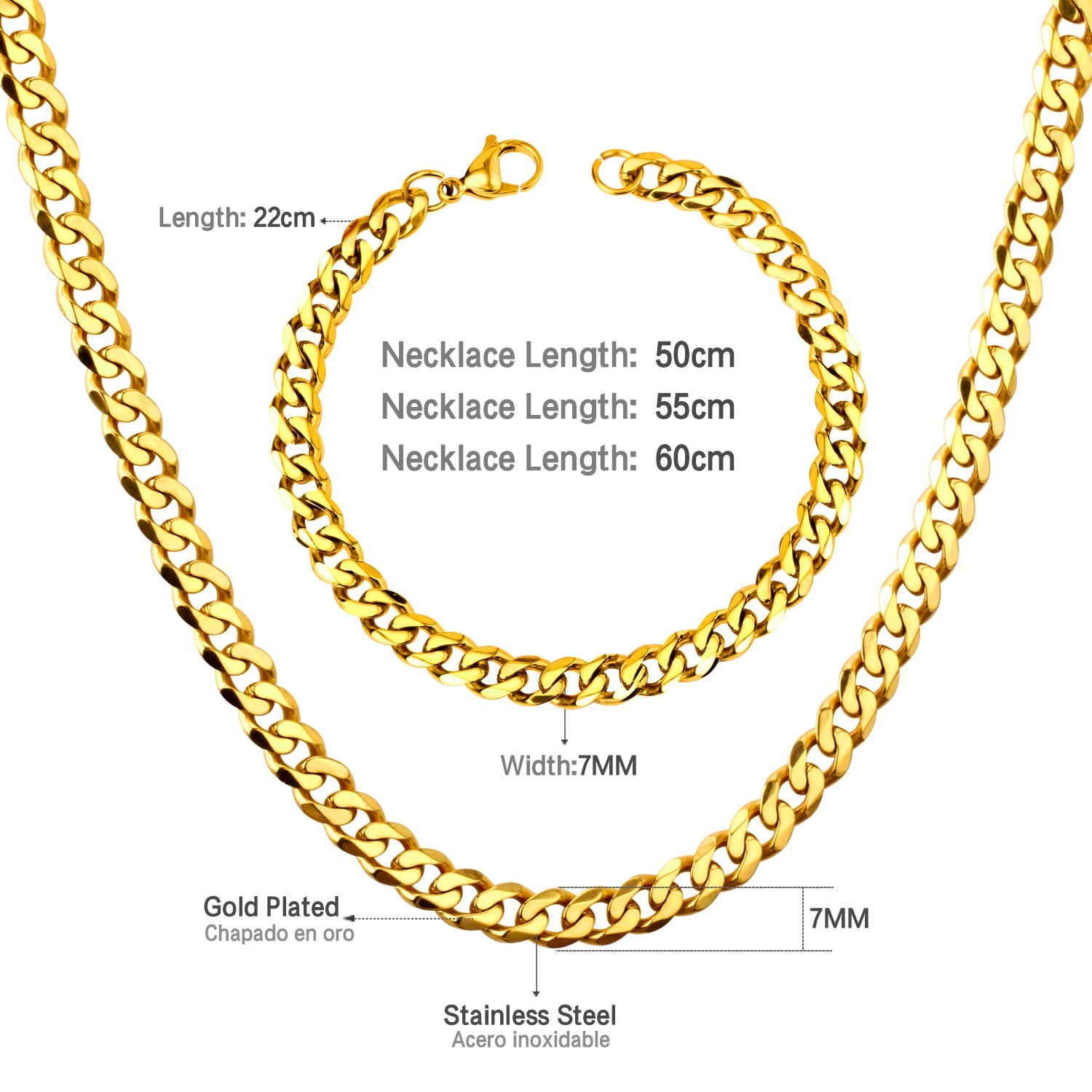 Set van Cubaanse schakelketting en armband – breedte 6 mm / 8 mm / 10 mm