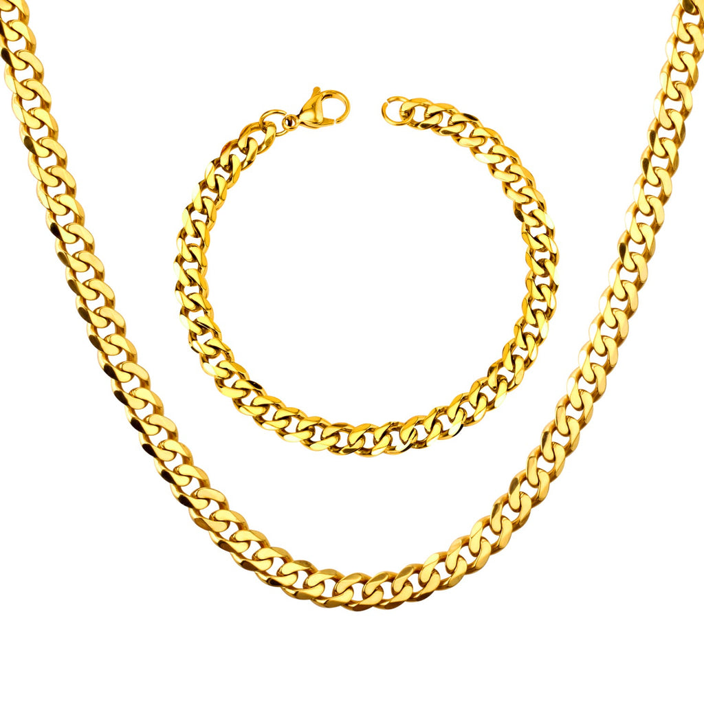 Gold-tone stainless steel Cuban link necklace and bracelet set in 6mm, 8mm, and 10mm widths — stylish unisex jewelry by JSC Jewelry.