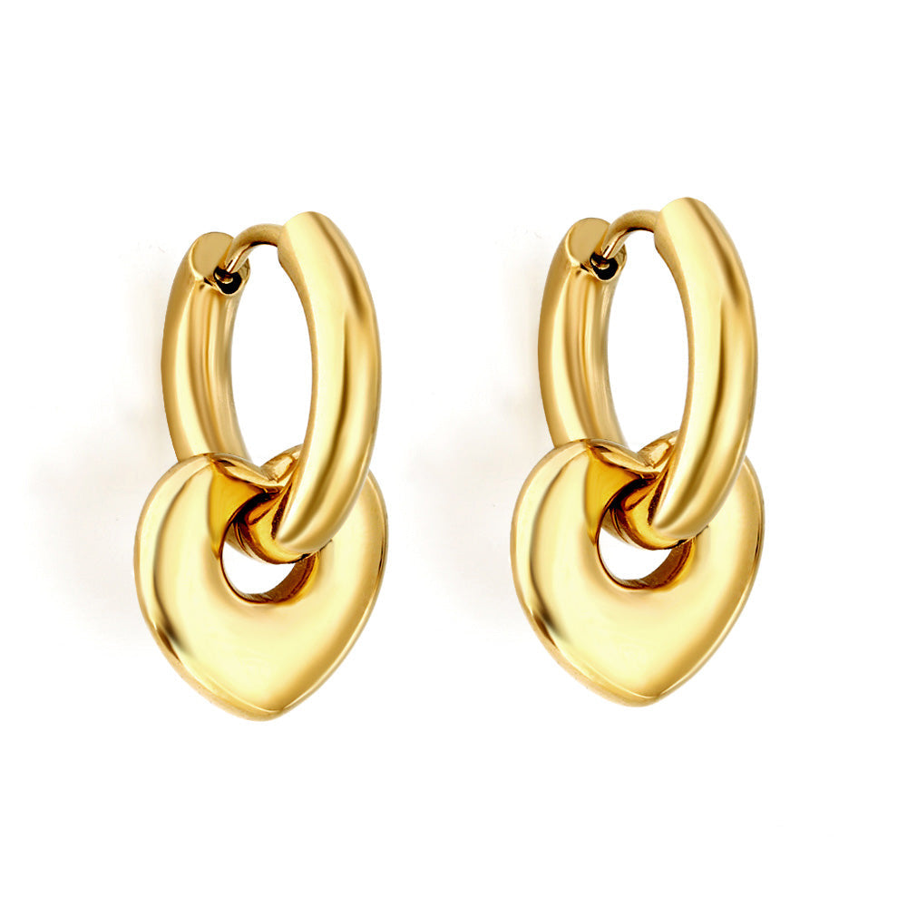 Gold stainless steel circle earrings with heart-shaped charm for women by The JCS Jewelry