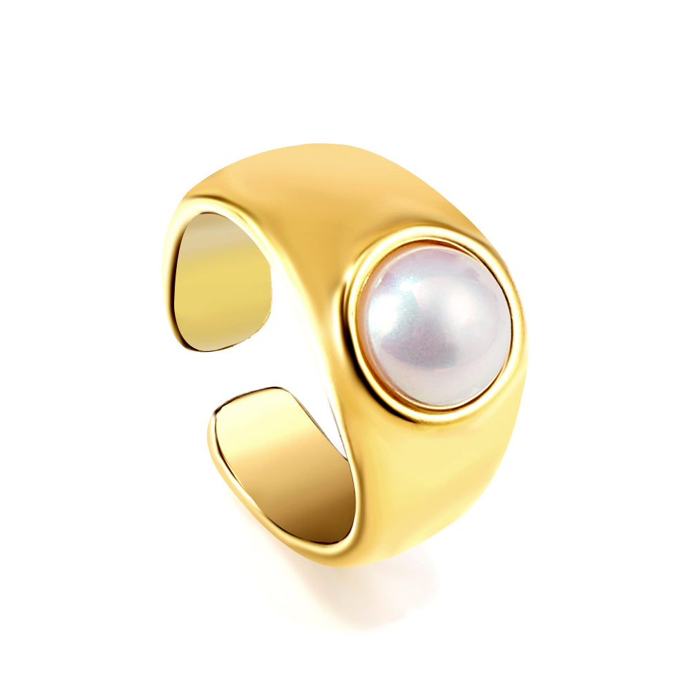 Wide Pearl Ring in gold-plated stainless steel, French fashion-inspired bold and elegant design for women