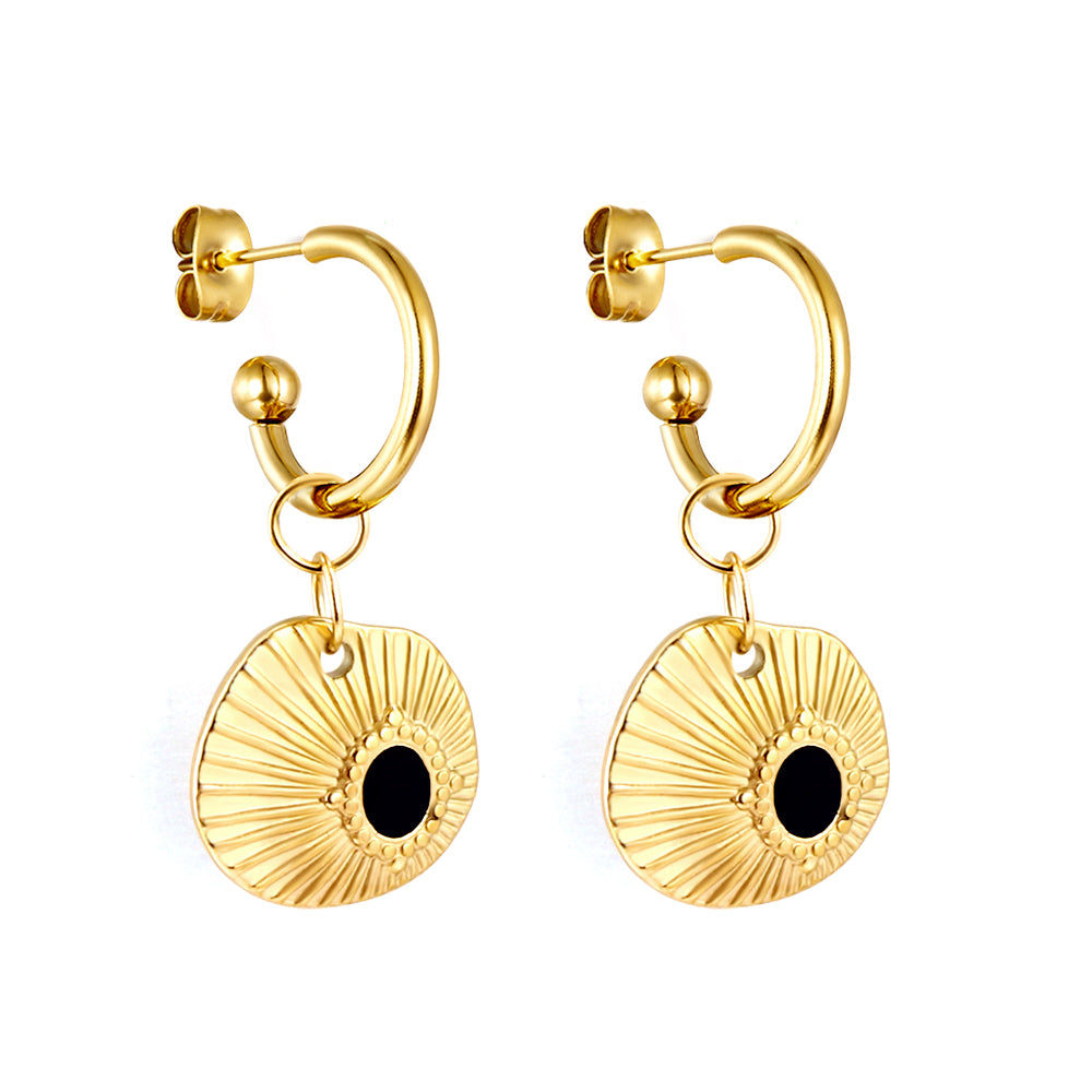 Halve cirkel stalen bal met zwarte schelp oorbellen