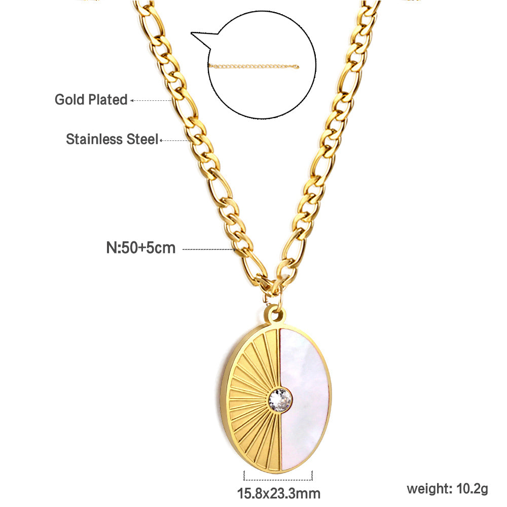 Oval Half White Shell Diamond Pendant Necklace