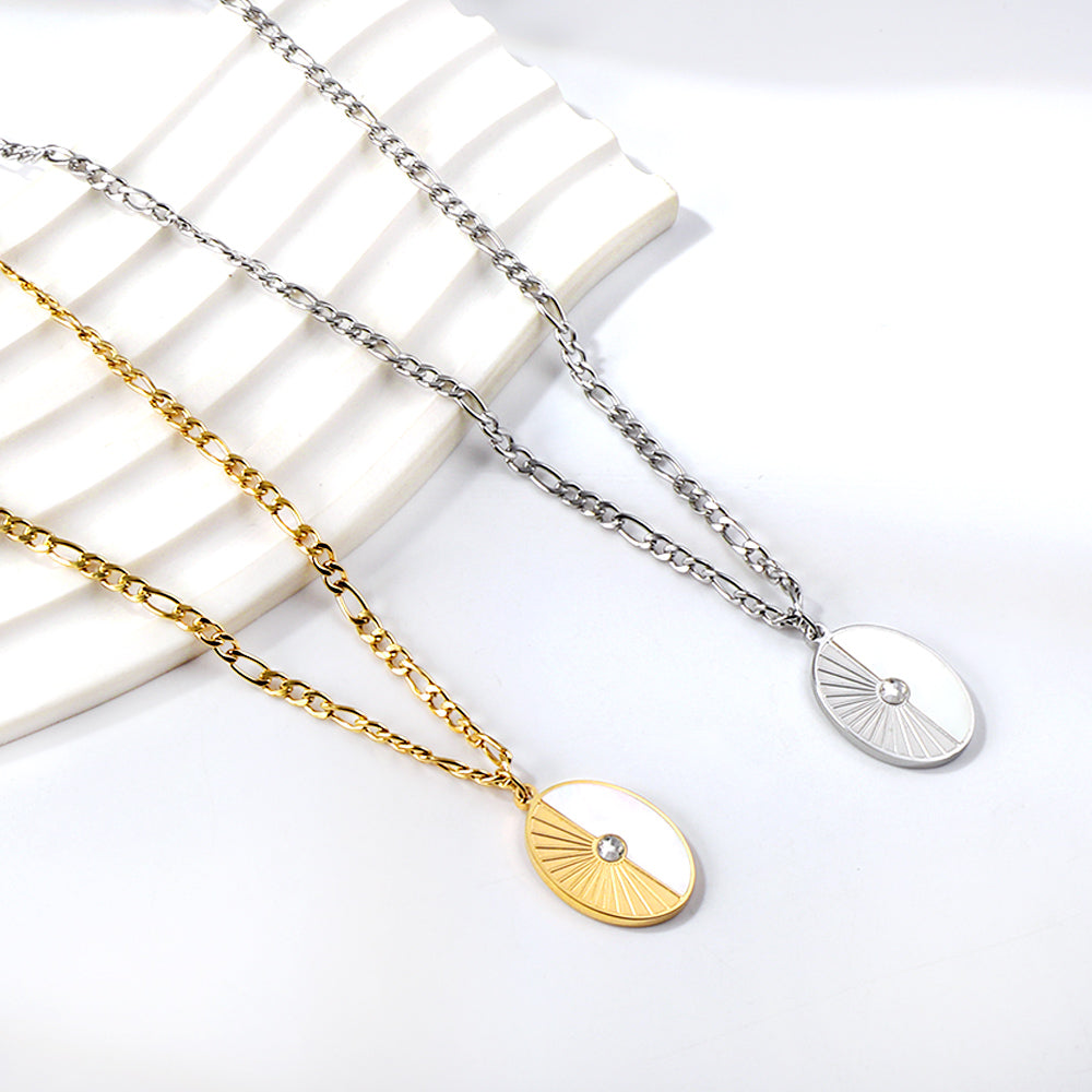 Oval Half White Shell Diamond Pendant Necklace
