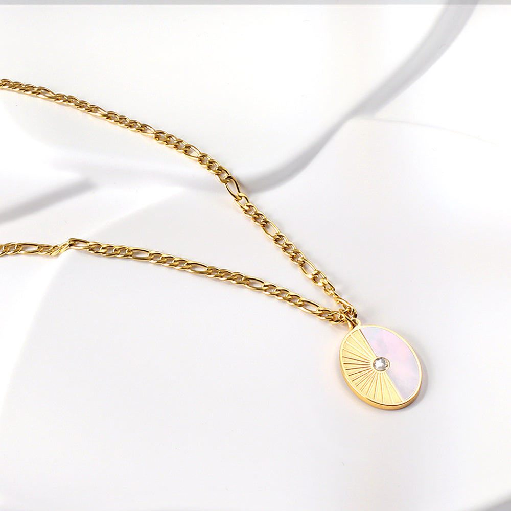 Oval Half White Shell Diamond Pendant Necklace