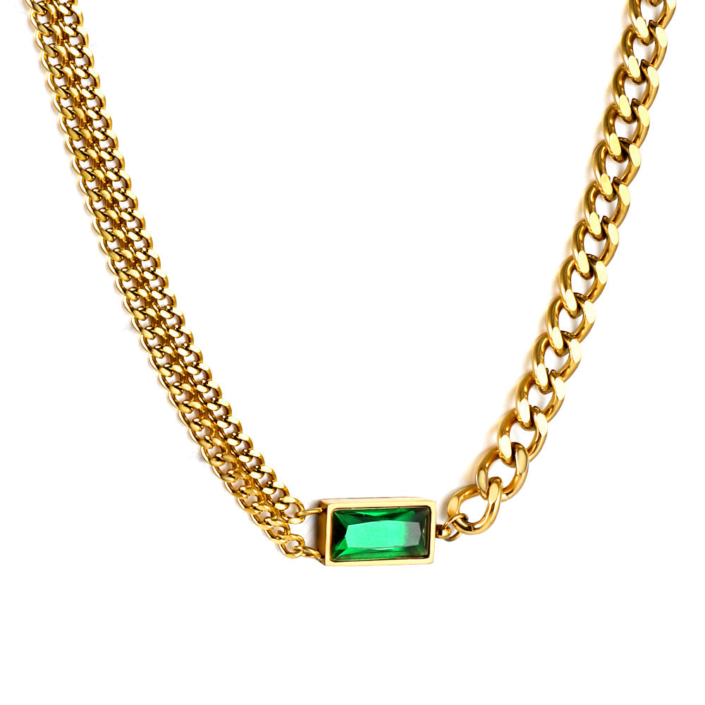 Rectangle Pendant with Green Diamonds Necklace