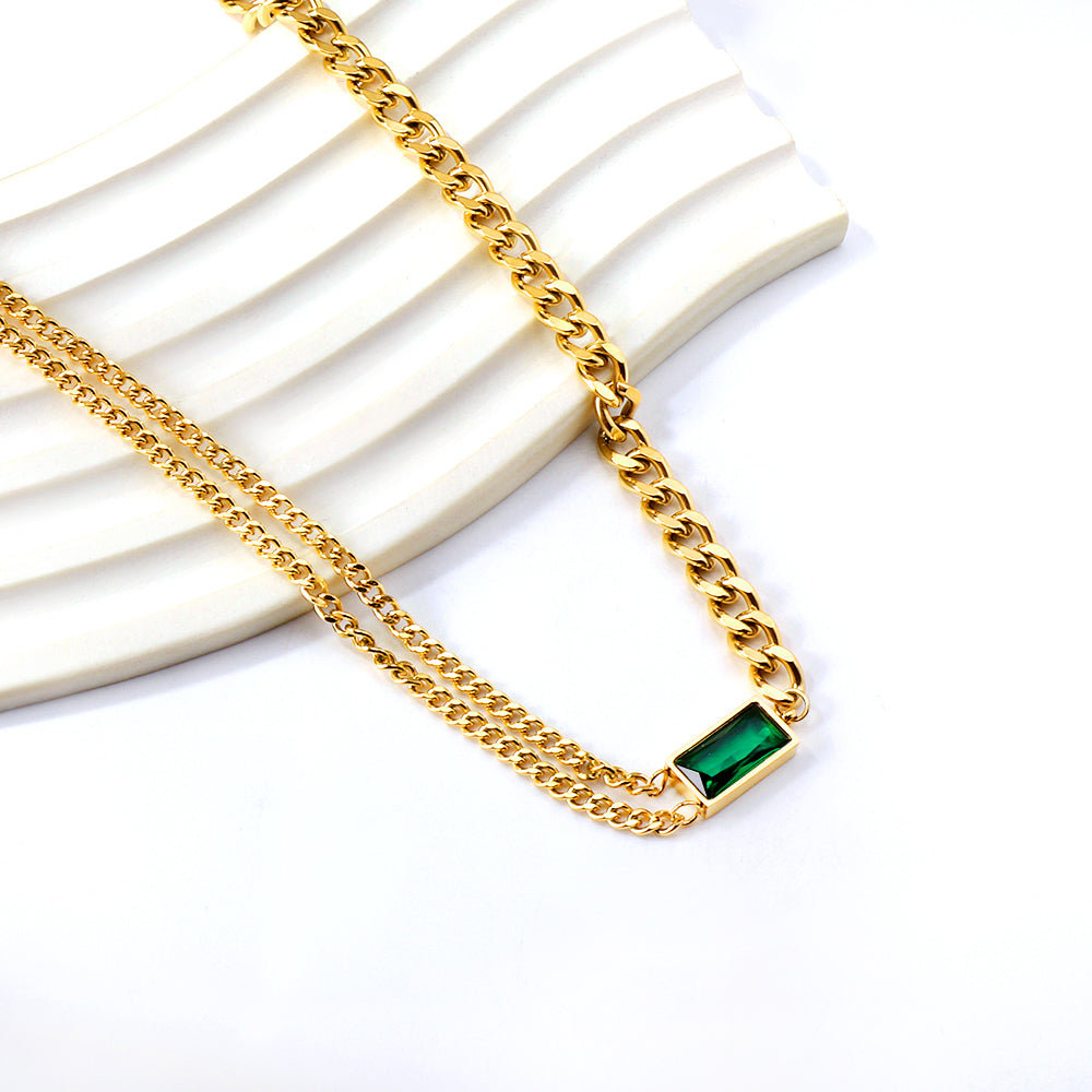 Rectangle Pendant with Green Diamonds Necklace