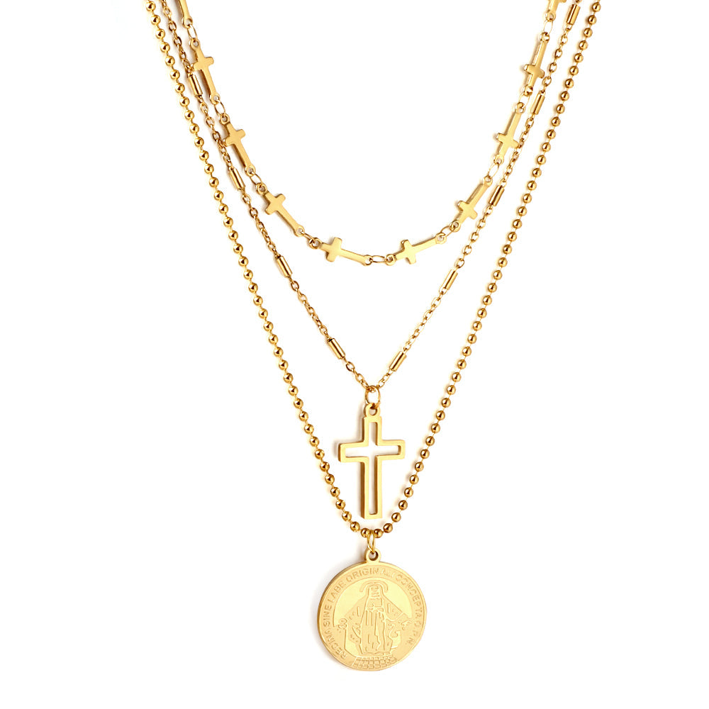 Drievoudige ronde ketting met kruishanger