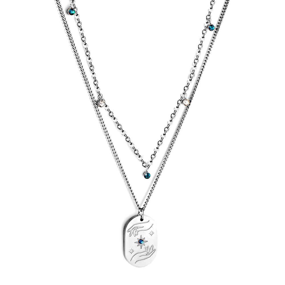 Oval Hands Double Chain Necklace with Blue & Mixed Color Diamonds