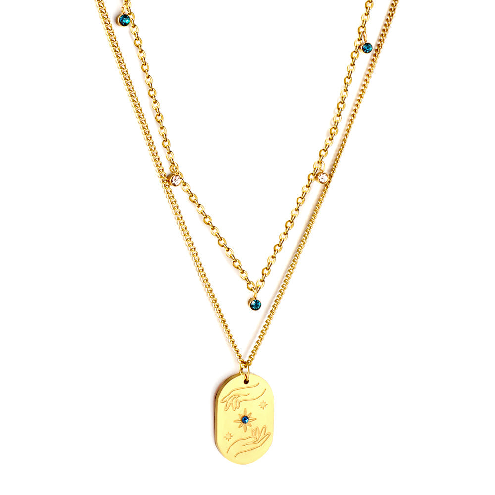 Oval Hands Double Chain Necklace with Blue & Mixed Color Diamonds