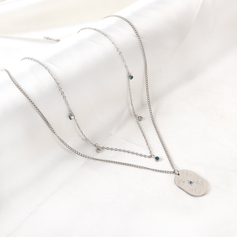 Oval Hands Double Chain Necklace with Blue & Mixed Color Diamonds