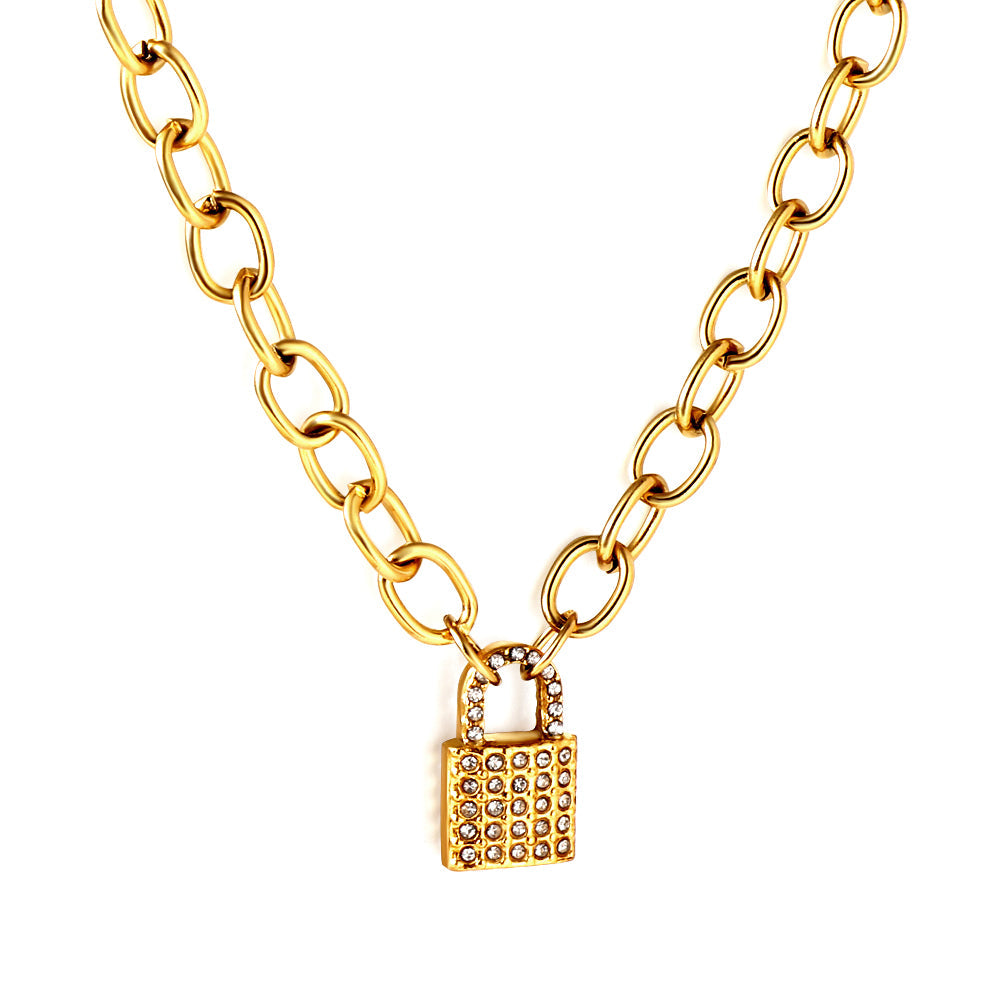 Gold-tone stainless steel lock pendant necklace with diamond accent — tarnish-resistant, hypoallergenic, and elegant design by JCS Jewelry.