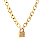 Gold-tone stainless steel lock pendant necklace with diamond accent — tarnish-resistant, hypoallergenic, and elegant design by JCS Jewelry.