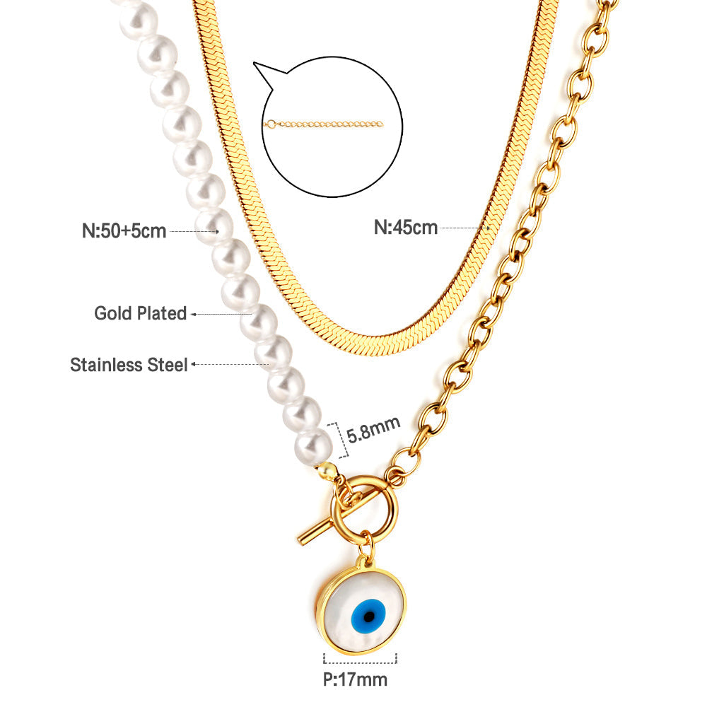 Blauwe oog- en halve parel dubbele ketting