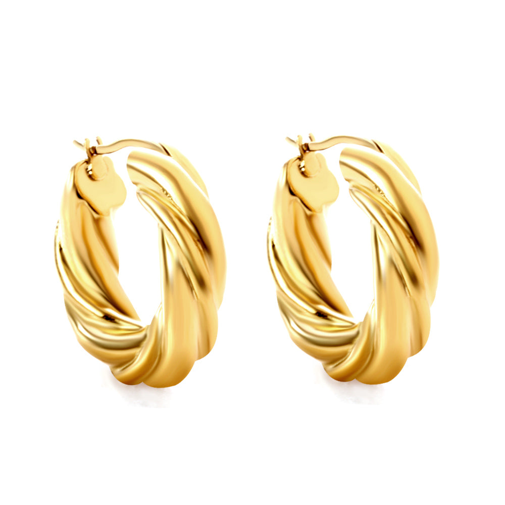 Twisted PVD gold-coated hoop earrings by JCS Jewelry Paris – hypoallergenic, waterproof, and tarnish-resistant jewelry.