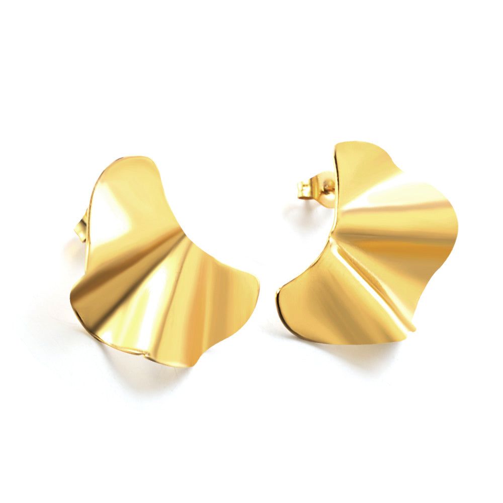 Sculpted gold-tone fan earrings by JCS Jewelry Paris, hypoallergenic PVD gold-coated stainless steel with 2-year color warranty — modern artistic design for women.