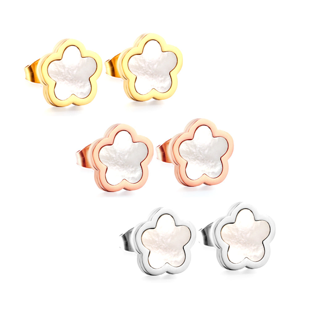 Gold stainless steel peach blossom stud earrings with white shell inlay for women by The JCS Jewelry