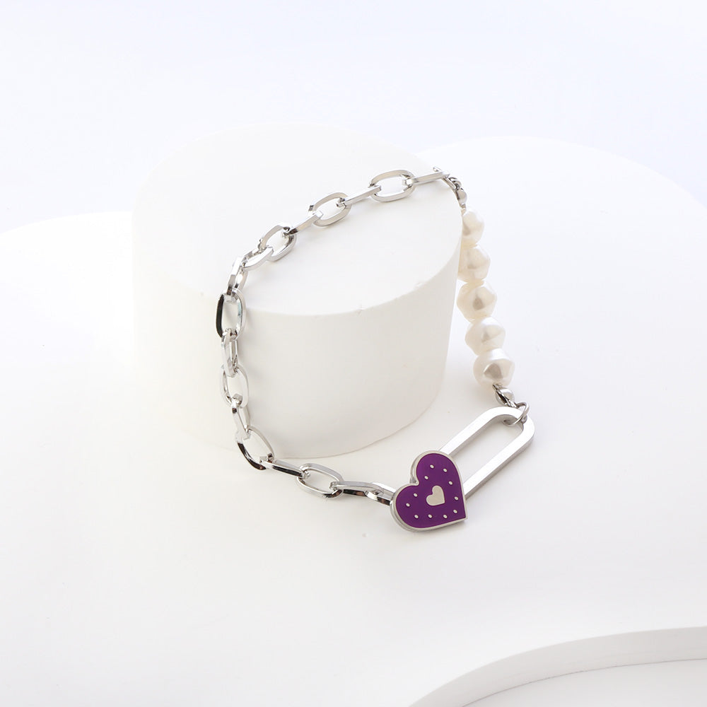 Purple Heart & Pearl Charm Bracelet