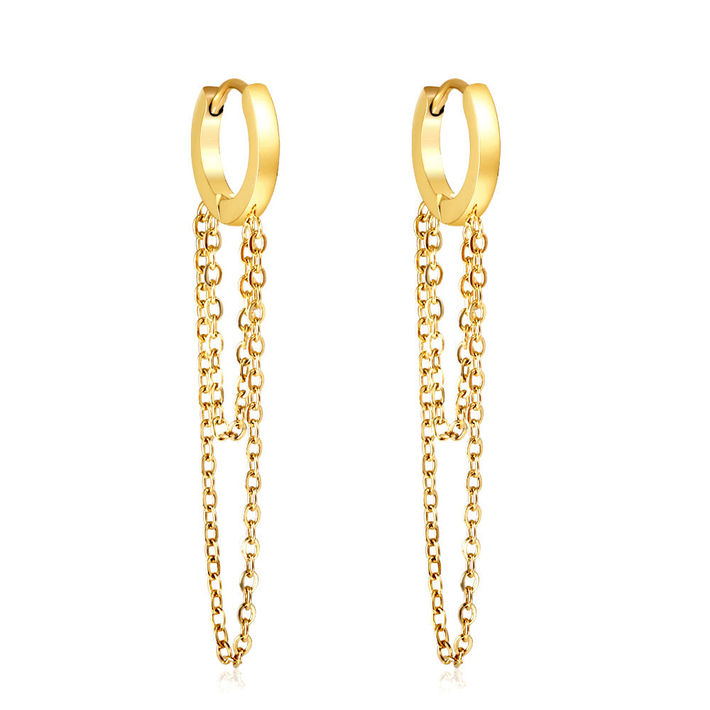 Stainless Steel Circle Double Chain Earrings – gold-tone, hypoallergenic, tarnish-resistant women’s jewelry by The JCS Jewelry.
