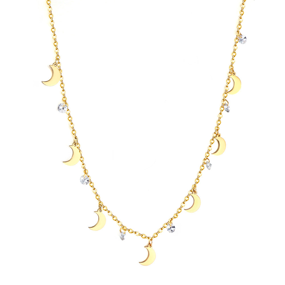 Gold-tone 7 Moons necklace with seven diamond-like stones — celestial-inspired stainless steel jewelry by JSC Jewelry.