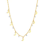 Gold-tone 7 Moons necklace with seven diamond-like stones — celestial-inspired stainless steel jewelry by JSC Jewelry.
