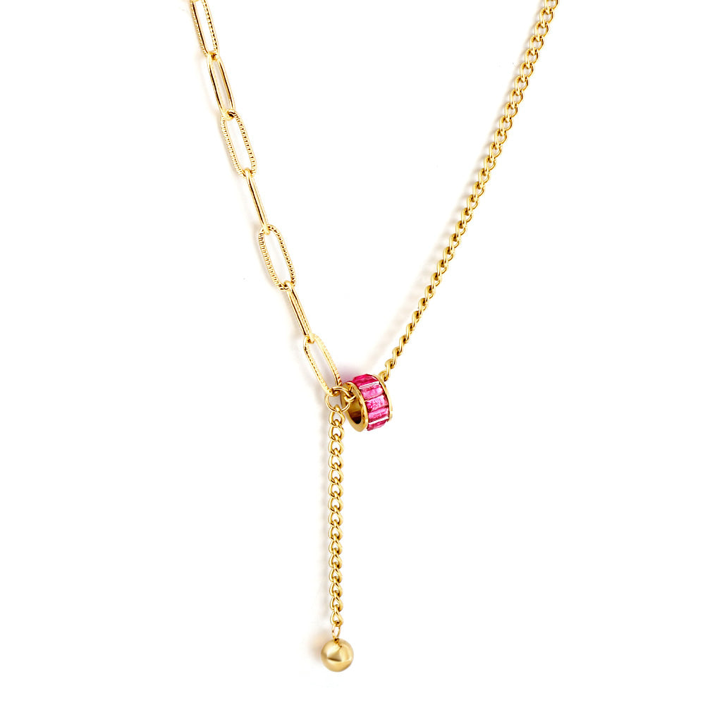 Gold necklace with rose red zircon hollow pendant and steel ball – modern stainless steel jewelry by JSC Jewelry.