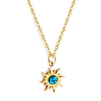 JCS gold-tone stainless steel necklace featuring a round pendant with a blue flower stone — elegant, hypoallergenic, and water-resistant.